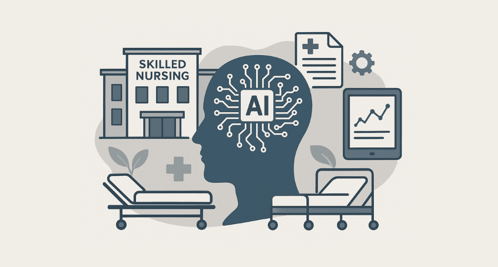 Illustration of a head with an AI chip surrounded by a skilled nursing facility, patient beds, a medical document and a tablet chart
